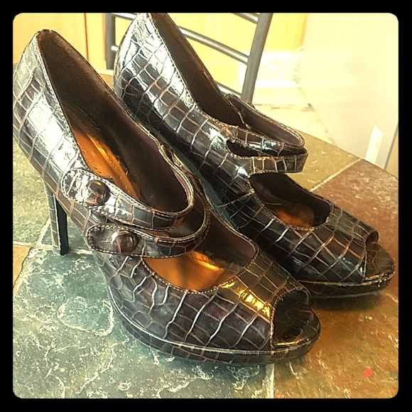Mystify Shoes - Brown Faux Alligator Button Strap Heels